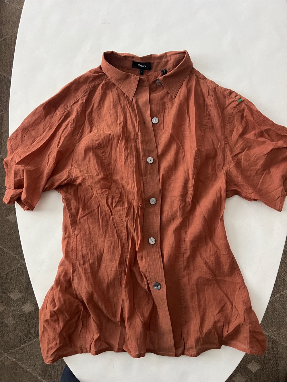 Theory Rust Orange Cotton Lightweight Button Down Short Sleeve Blouse Top Large